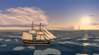 A small two-masted ship adrift on a wide sea, a lighthouse far off on the horizon.
